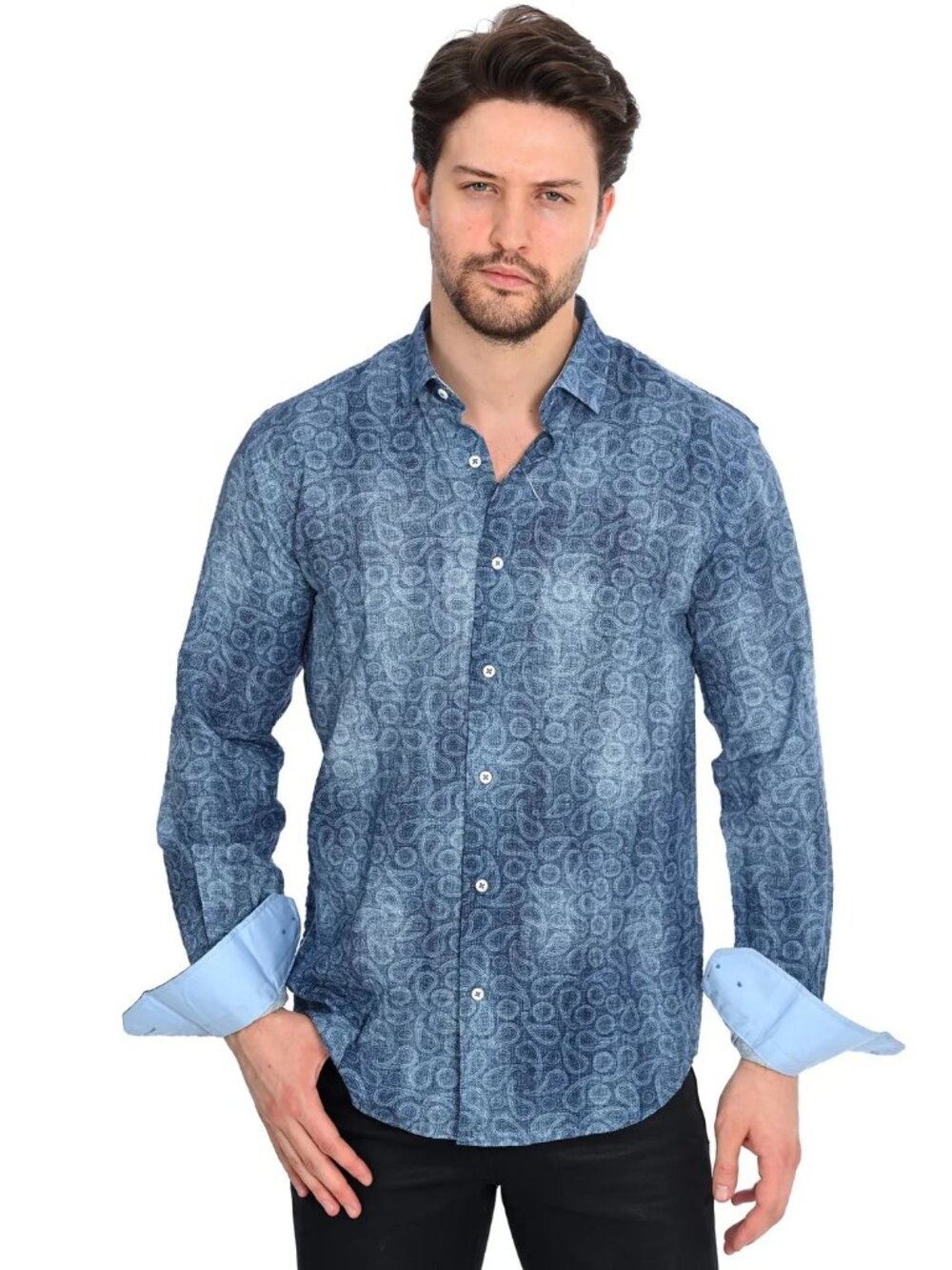 Mizumi Blue Paisley Print Long Sleeve Button Up Shirt